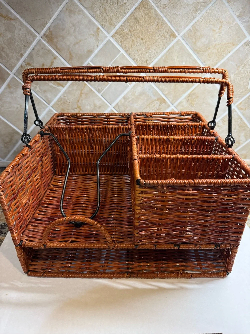 Wicker Basket Caddy / Organizer for Picnic or Tabletop with 7 Compartments